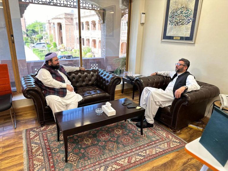 خیبرپختونخوا کے وزیر برائے اوقاف و مذہبی امور صاحبزادہ عدنان قادری اور مشیر خزانہ مزمل اسلم کے درمیان ملاقات