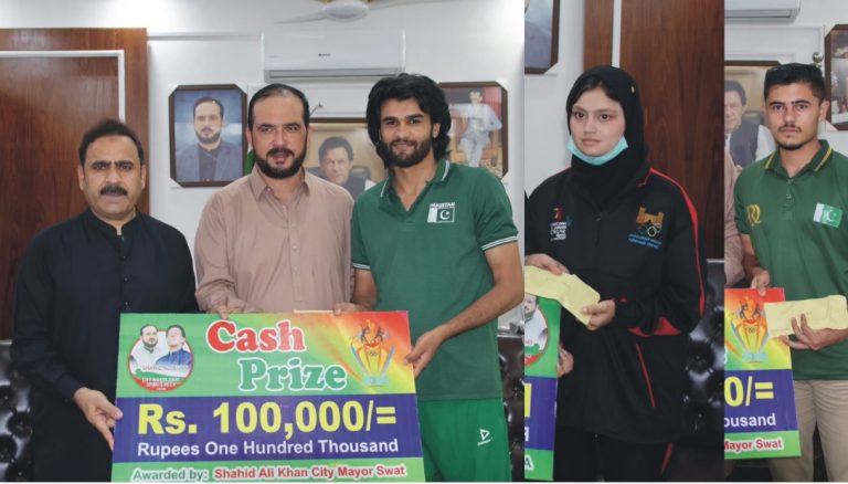 سوات کے باصلاحیت تائیکوانڈو کھلاڑیوں کو ایک لاکھ روپے کے اعزازی چیک، وزیر برائے لائیو سٹاک