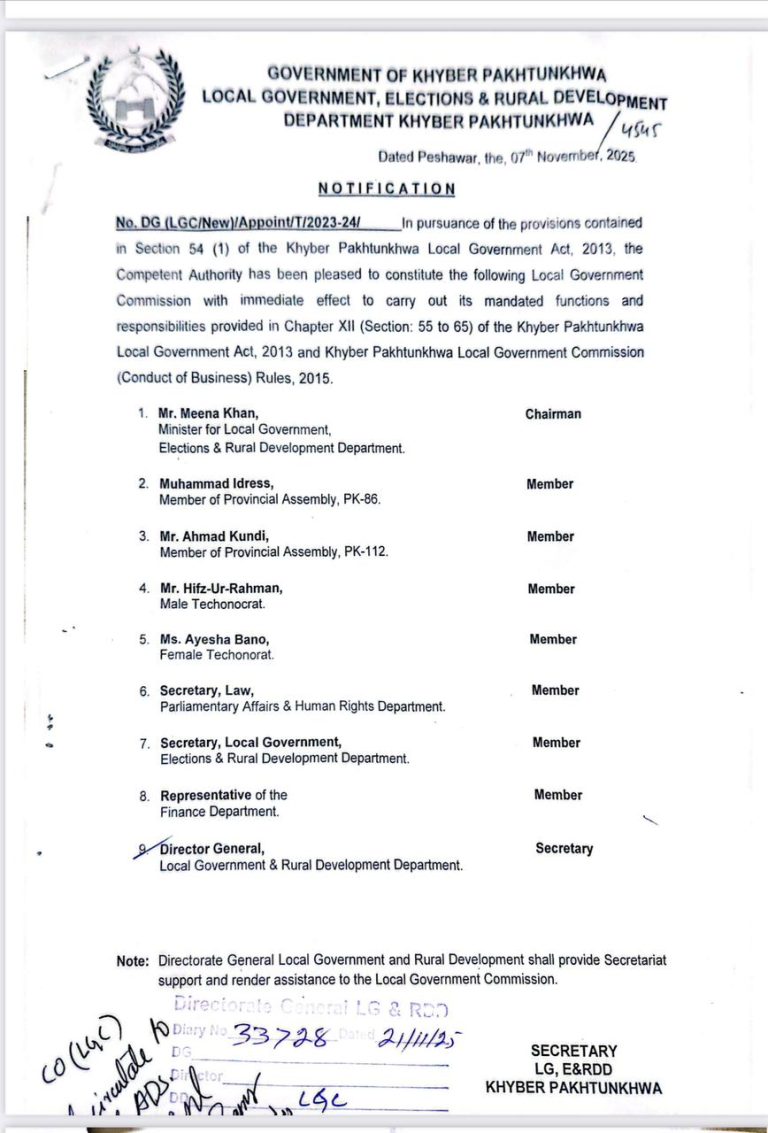 خیبرپختونخوا حکومت نے نیا لوکل گورنمنٹ کمیشن تشکیل دے دیا۔ وزیر بلدیات مینا خان آفریدی چیئرمین نامزد