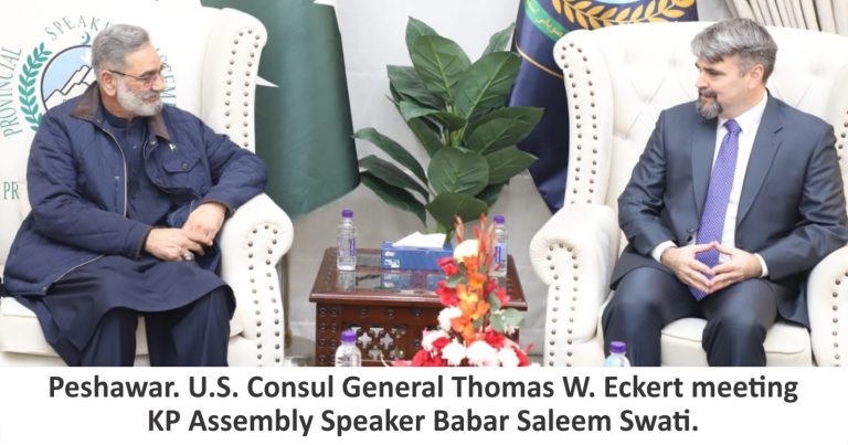 On a courtesy call extended by the Speaker of the Khyber Pakhtunkhwa Assembly, Babar Saleem Swati, the U.S. Consul General in Peshawar, Mr. Thomas W. Eckert, visited the Speaker’s Chamber and met with the Speaker.