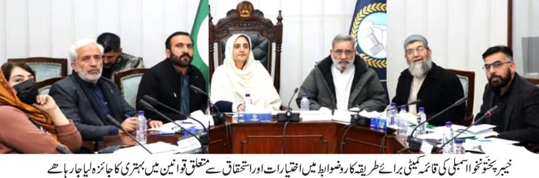 خیبر پختونخوا اسمبلی کی قائمہ کمیٹی برائے طریقہ کار و ضابطہ کارروائی، استحقاق اور حکومتی یقین دہانیوں کے نفاذ کا ایک اہم اجلاس پشاور میں منعقد ہوا
