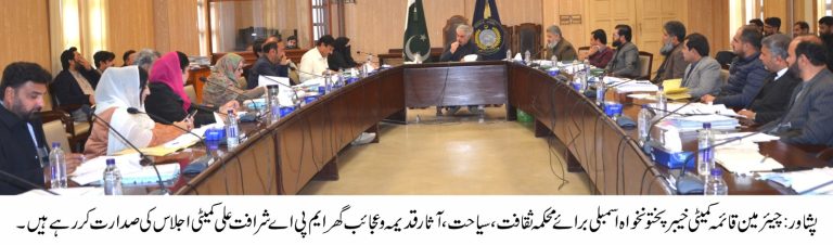 خیبر پختونخوا اسمبلی کی قائمہ کمیٹی برائے محکمہ ثقافت، سیاحت، آثارِ قدیمہ و عجائب گھر کا اجلاس منگل کے روز صوبائی اسمبلی سیکرٹریٹ میں منعقد ہوا، جس کی صدارت چیئرمین قائمہ کمیٹی و رکن صوبائی اسمبلی شرافت علی نے کی